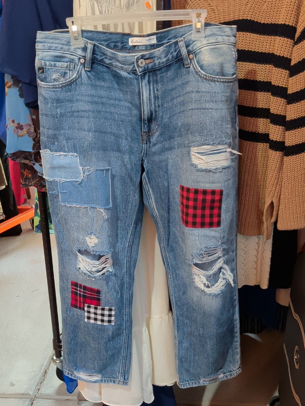 KanCan Blue Distressed Patchwork Boyfriend Jeans with Red Plaid